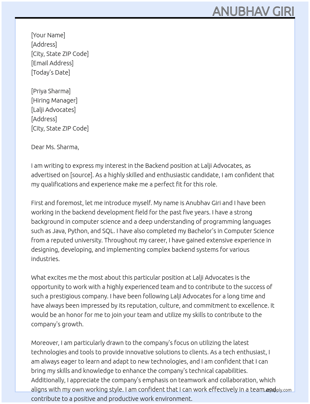 Backend  At Lalji Advocates Cover Letter