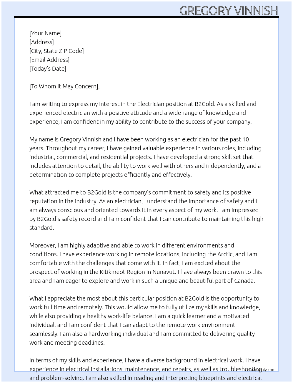 Electrician At B2Gold Cover Letter