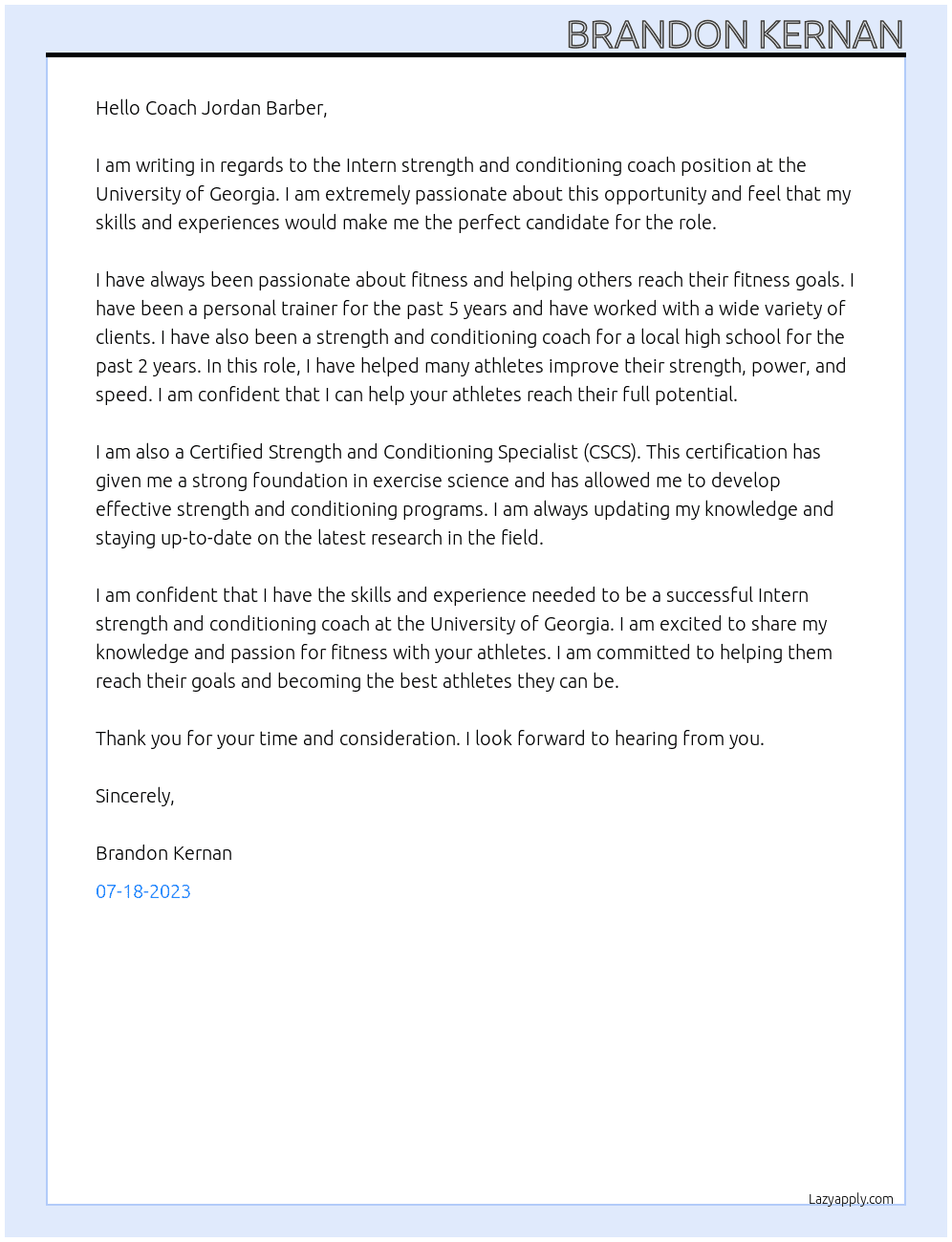 Intern strength and conditioning coach At University of Georgia  Cover Letter