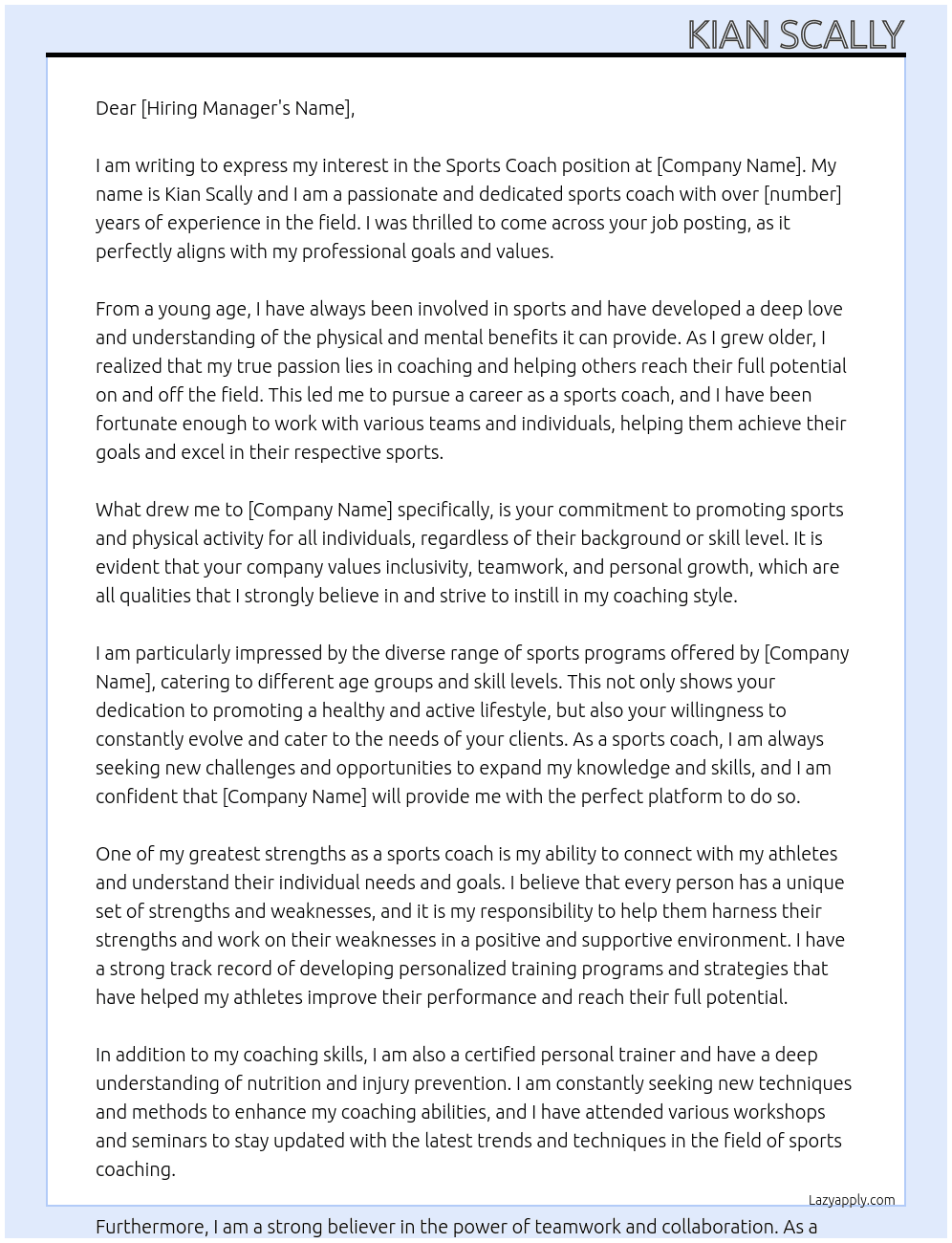 Sports coach At > Cover Letter