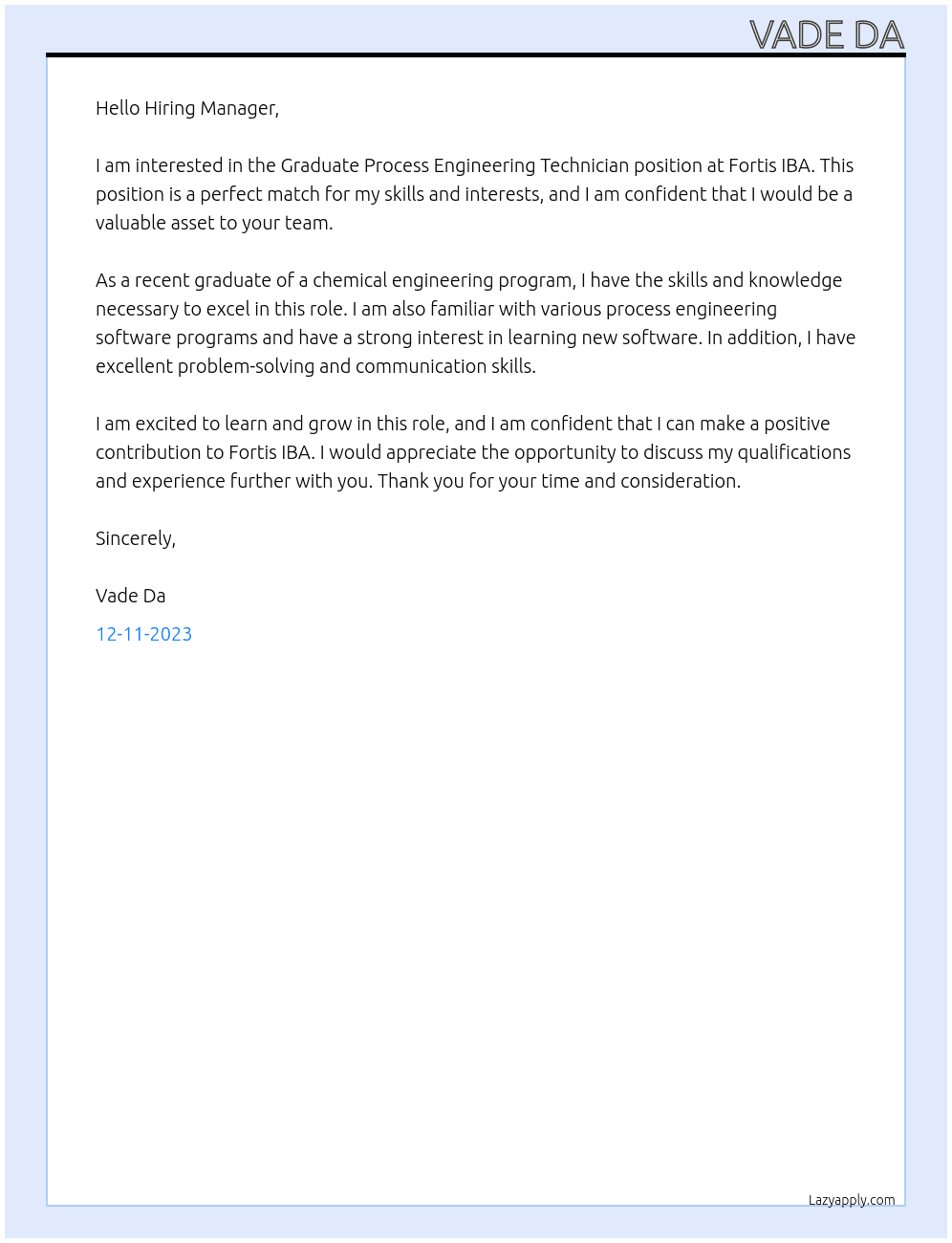 Graduate Process Engineering Technician At  Fortis IBA Cover Letter