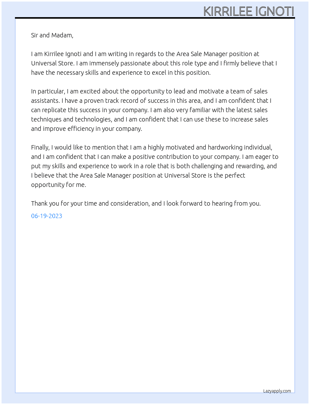 Area sale manager  At Universal Store Cover Letter