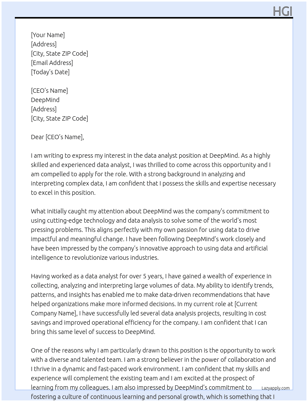 data analyst At deepmind Cover Letter