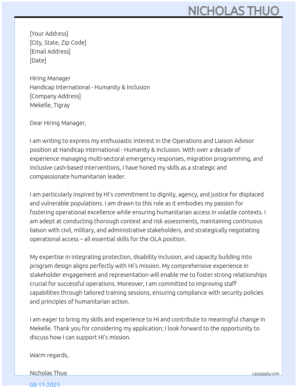 Operations and Liaison Advisor - OLA At Handicap International - Humanity & Inclusion  Cover Letter