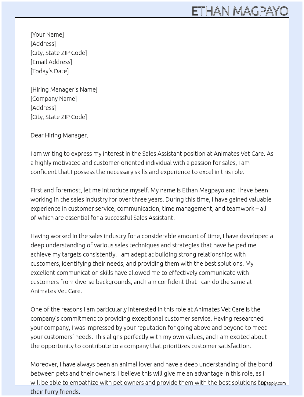 Sales Assistant At Animates Vet Care Cover Letter