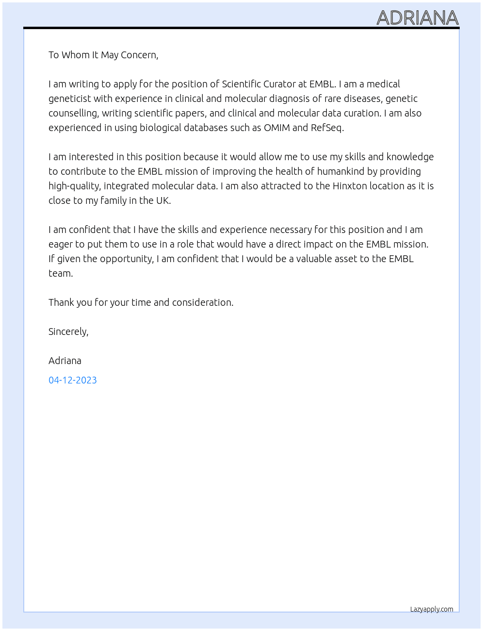Scientific curator At EMBL Cover Letter