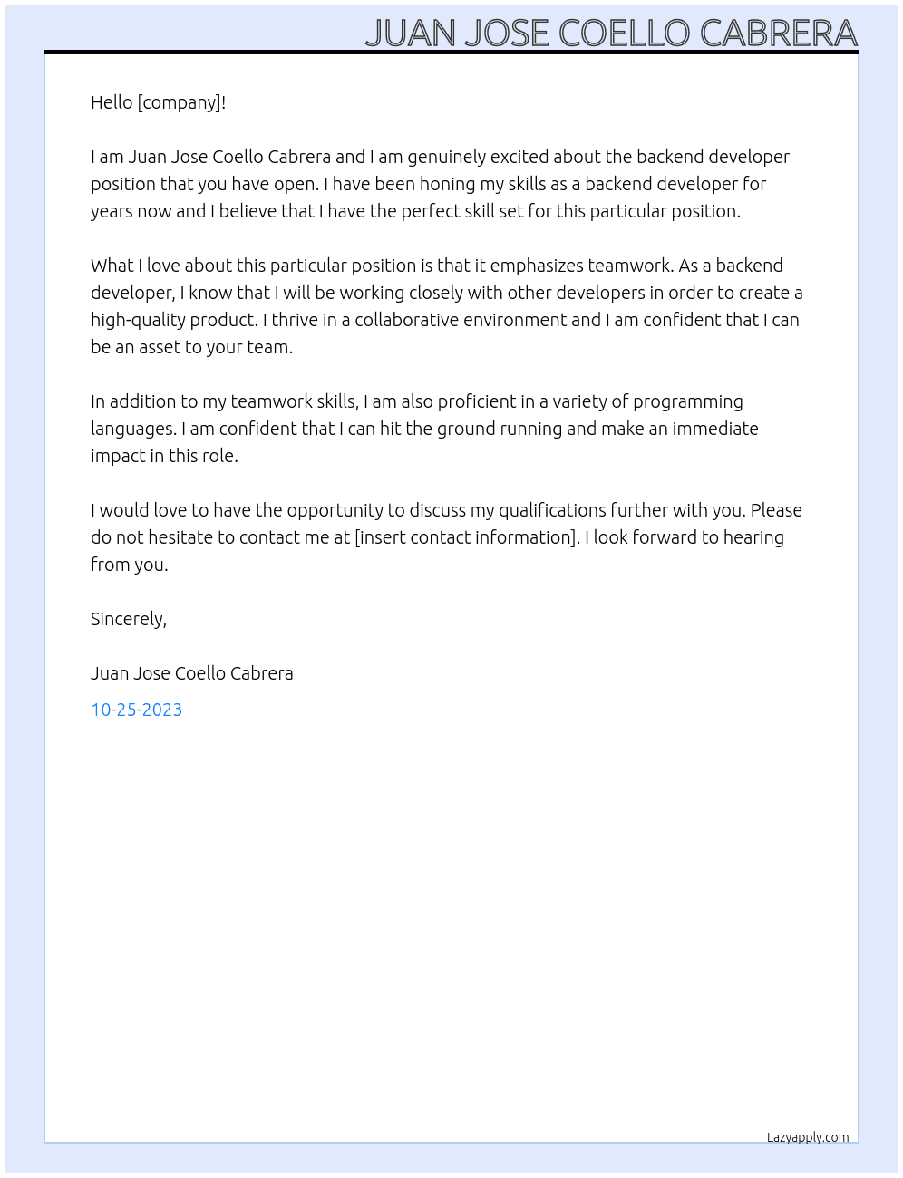 Backend developer At [company] Cover Letter
