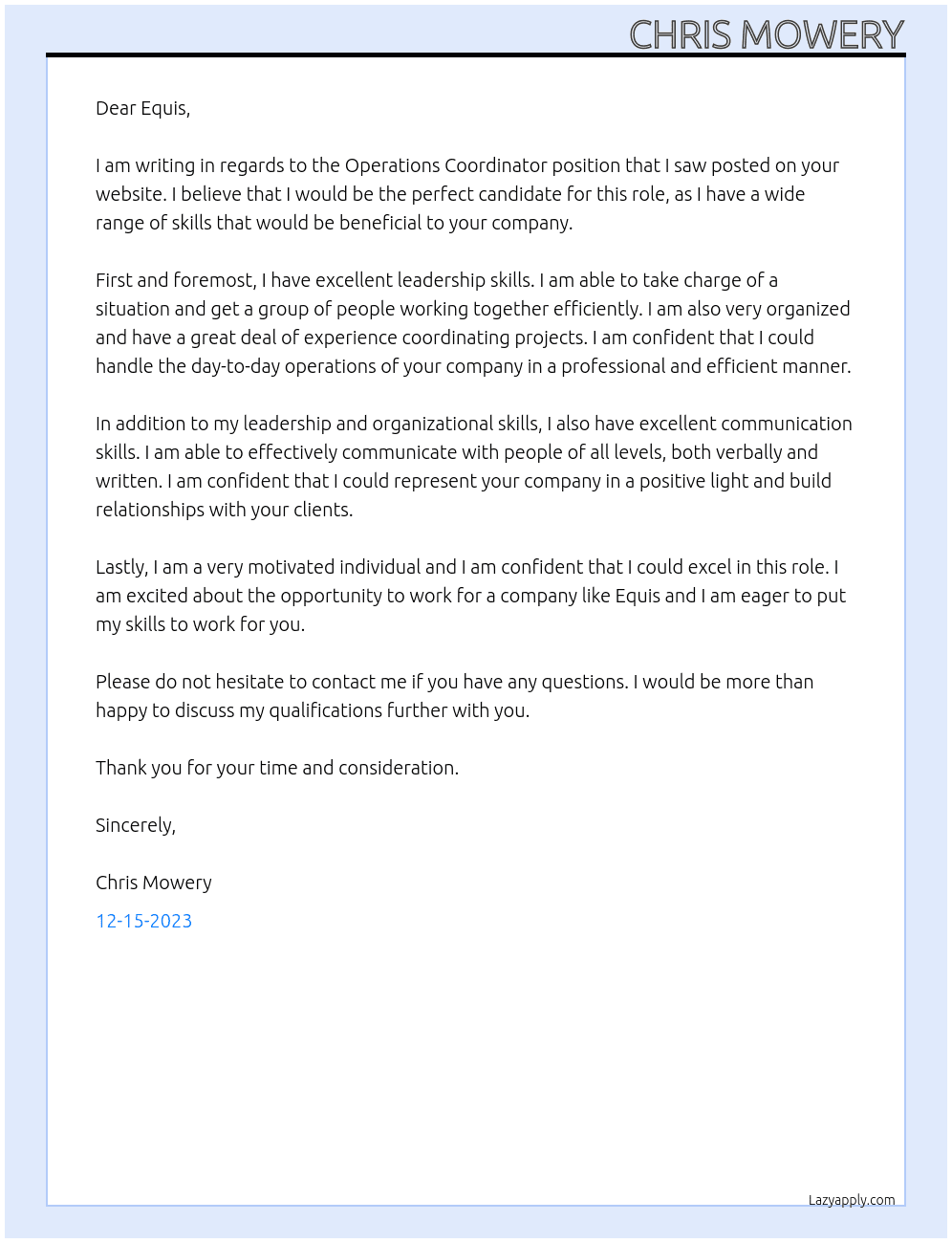 Operations Coordinator At Equis Cover Letter