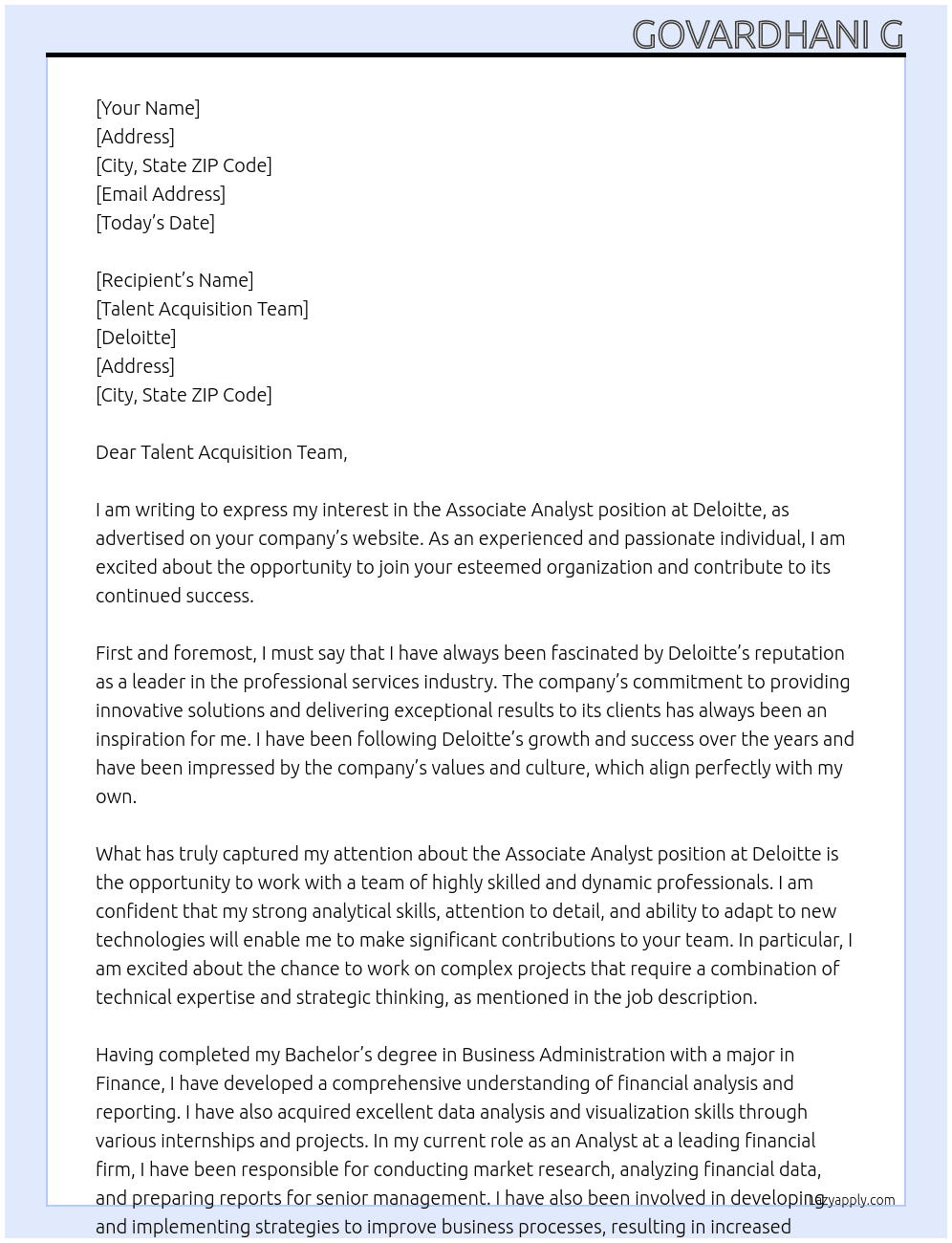 associate analyst At delloit Cover Letter
