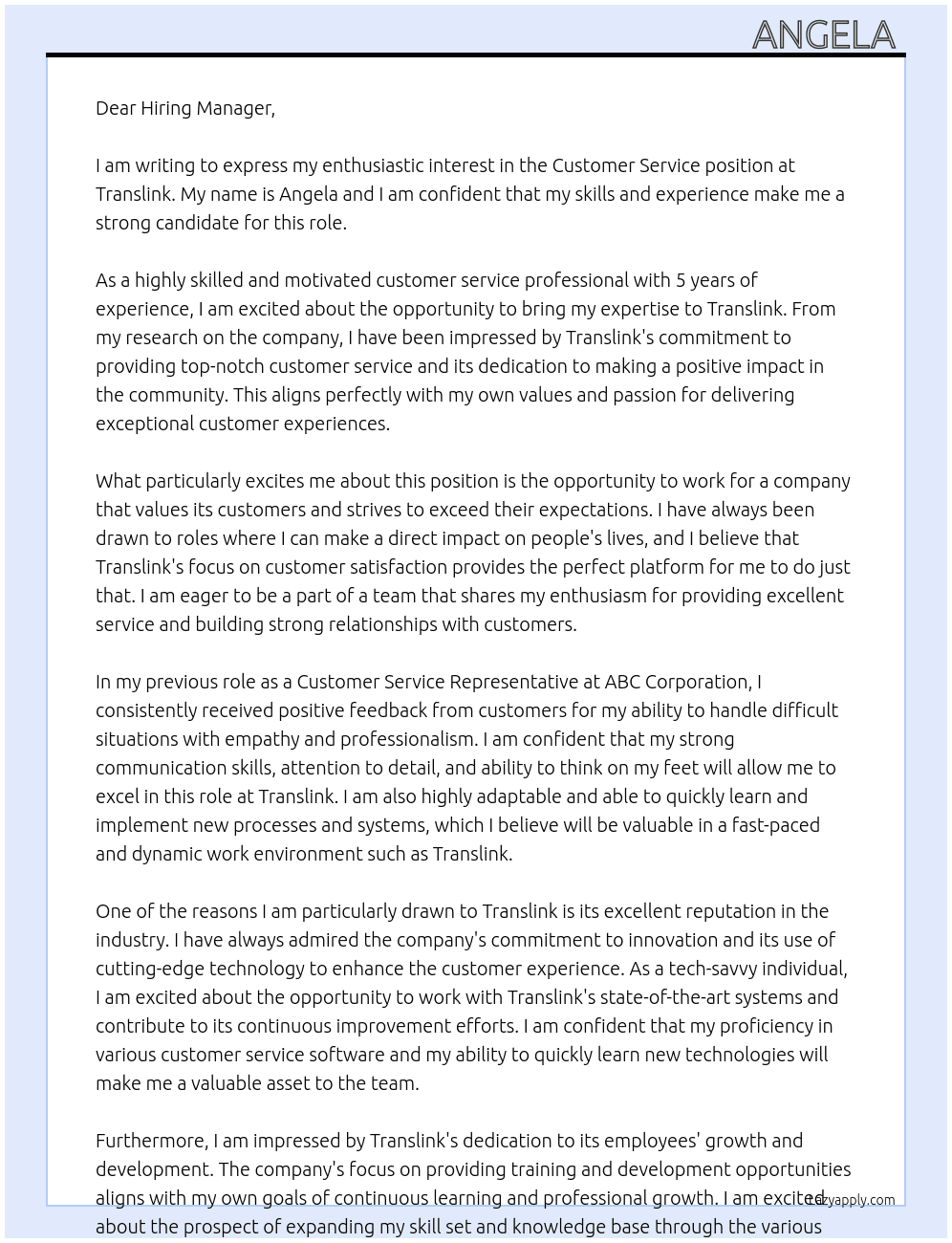 Customer Service At Translink Cover Letter