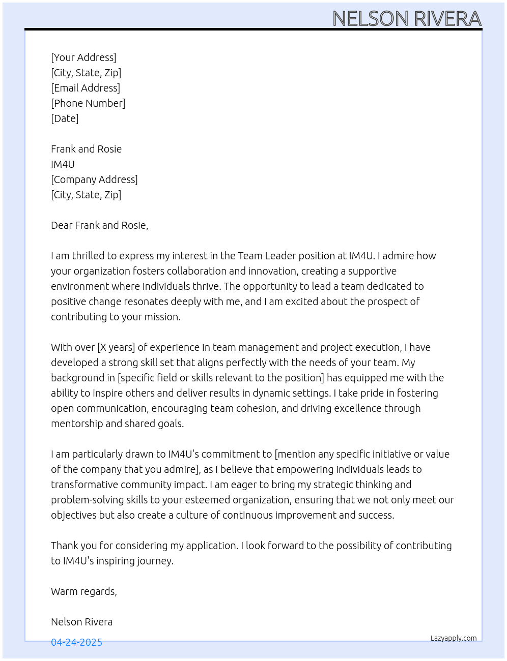 Team Leader At IM4U Cover Letter