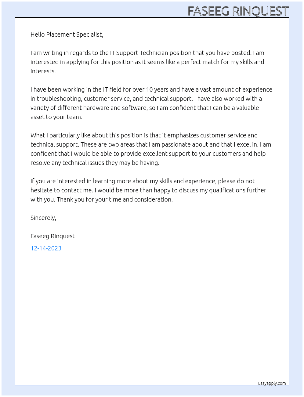 IT Support Technician At Placement Specialist Cover Letter