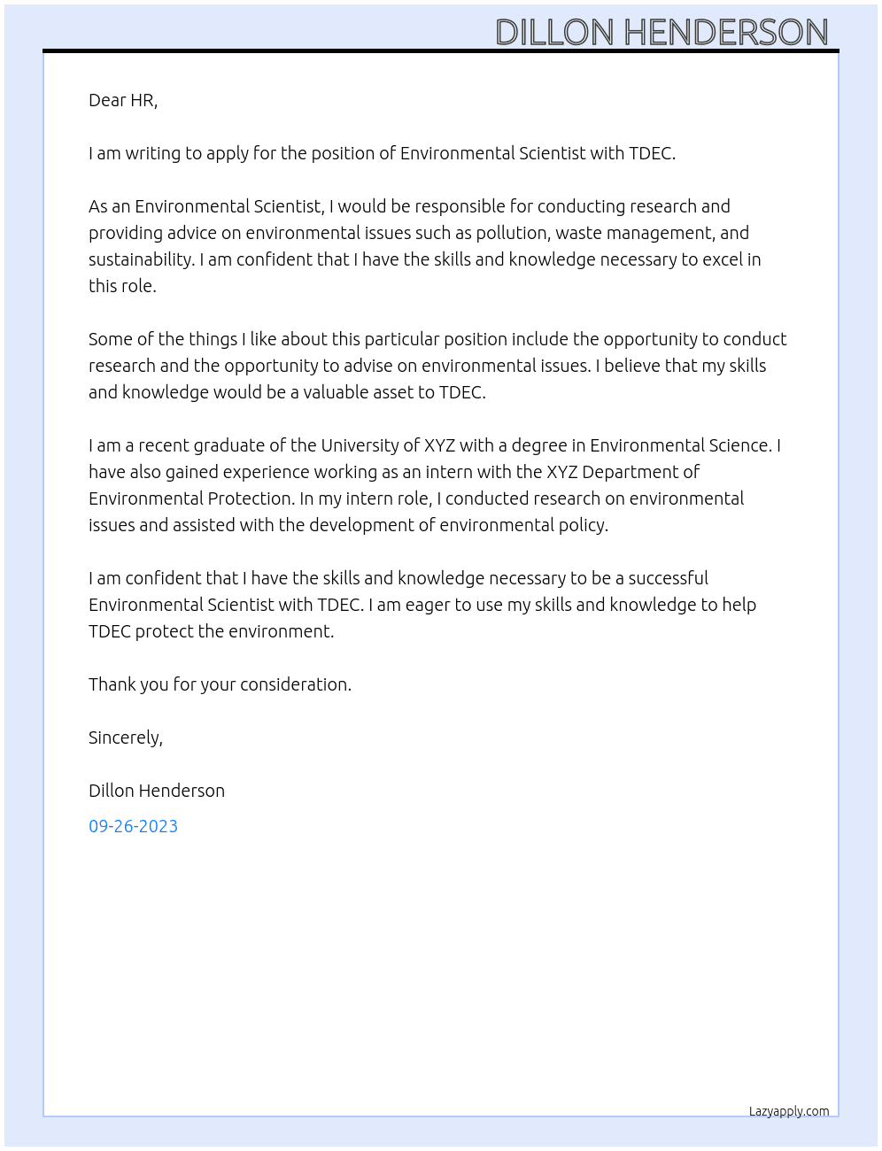Environmental Scientist At TDEC Cover Letter