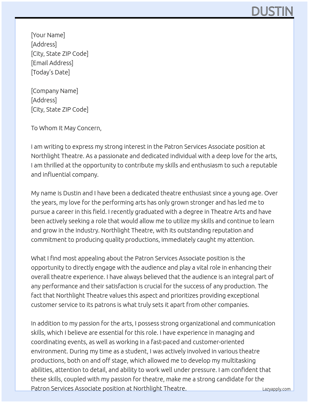  Patron Services Associate  At Northlight Theatre Cover Letter