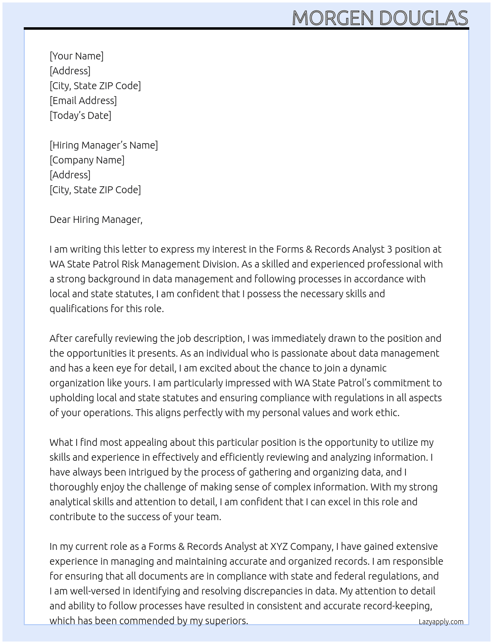 Forms & Records Analyst 3 At WA State Patrol Risk Management Division Cover Letter