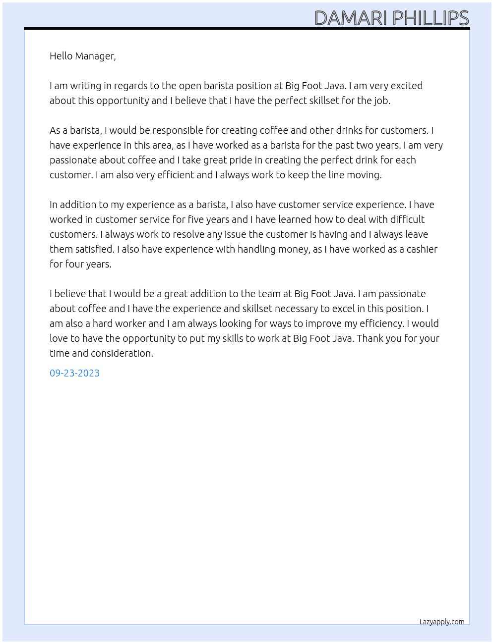 BARISTA At Big Foot Java Cover Letter