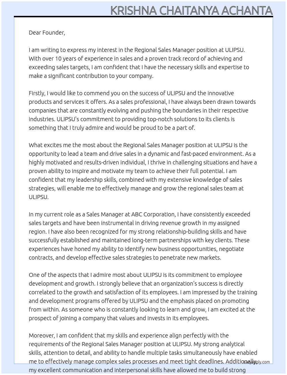 Regional Sales Manager At ULIPSU Cover Letter