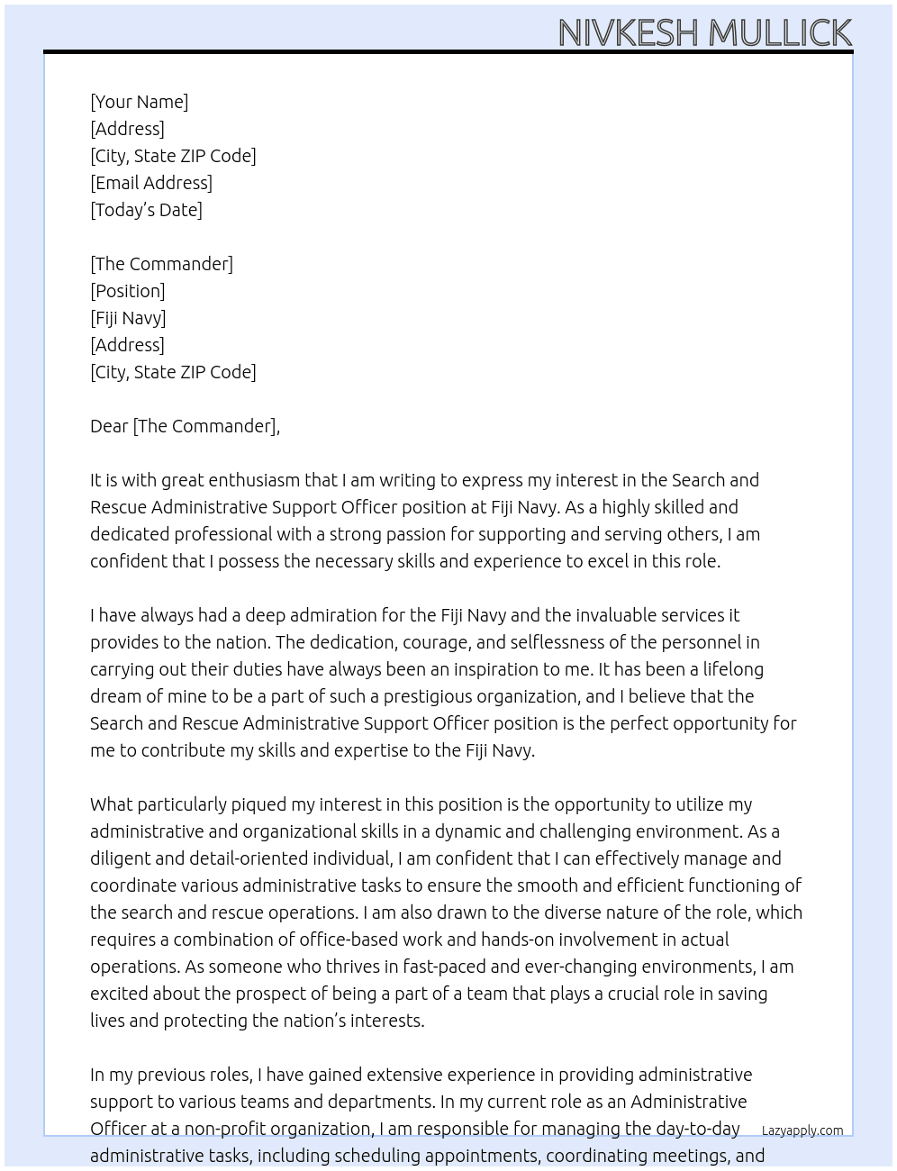 Search and Rescue Administrative Support Officer At Fiji Navy Cover Letter