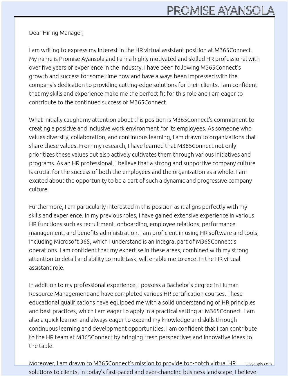 HR virtual assistant  At M365Connect  Cover Letter