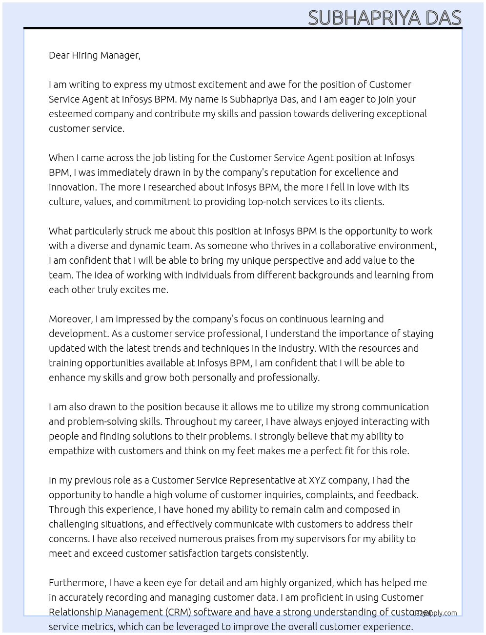 Customer Service Agent At Infosys BPM Cover Letter