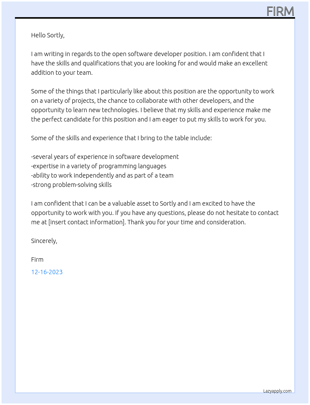 Software develpper At sortly Cover Letter
