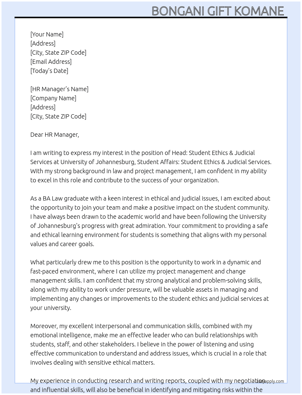 Cover letter for head: student ethics & judicial services - LazyApply