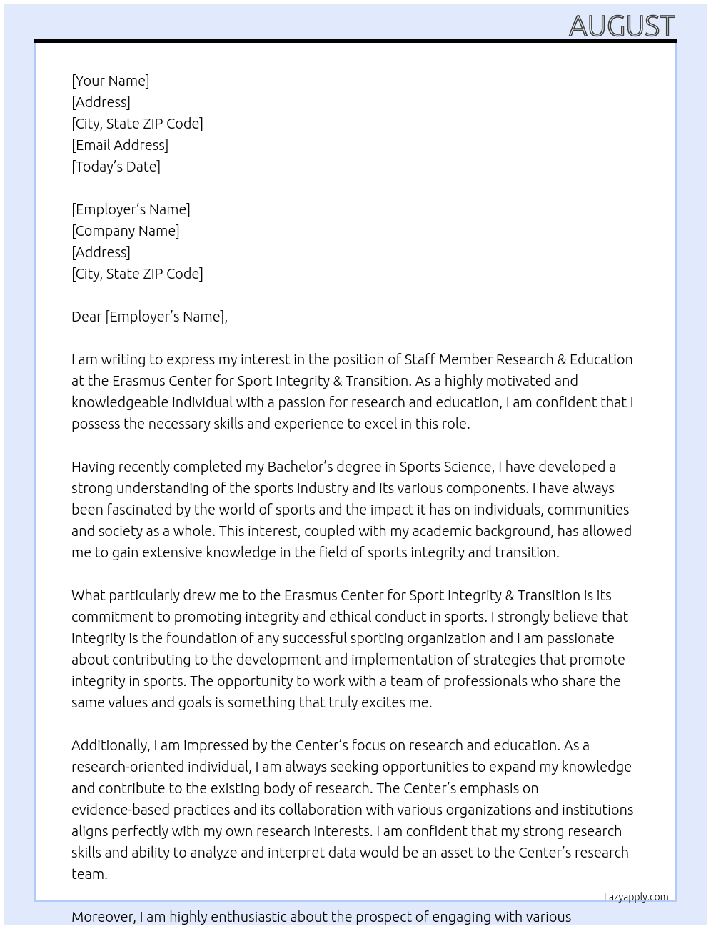 Staff Member Research & Education  At Erasmus Center for Sport Integrity & Transition Cover Letter