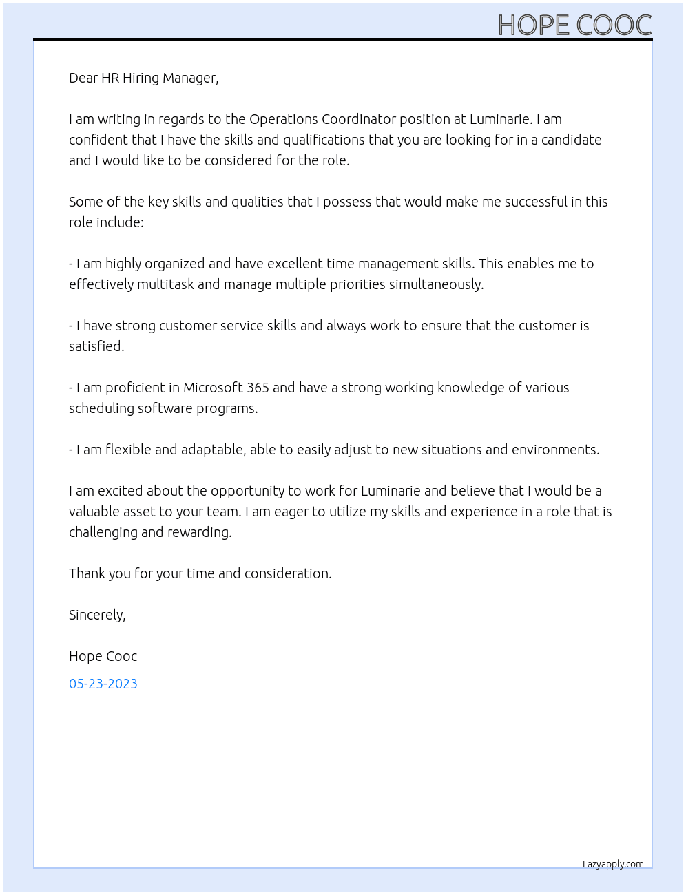 Operations Coordinator At Luminarie Cover Letter