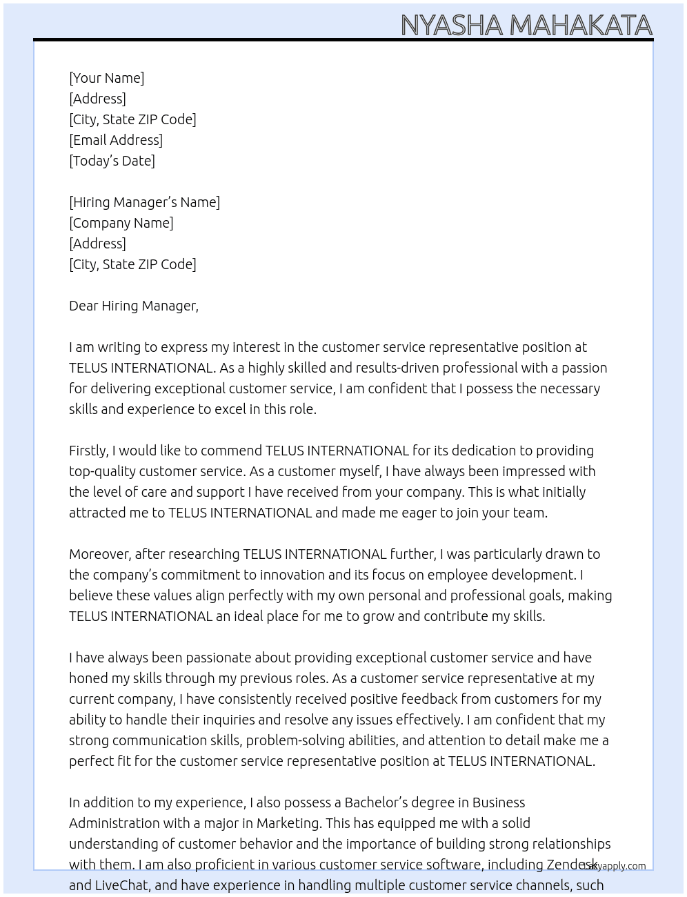 customer service representative At TELUS INTERNATIONAL Cover Letter