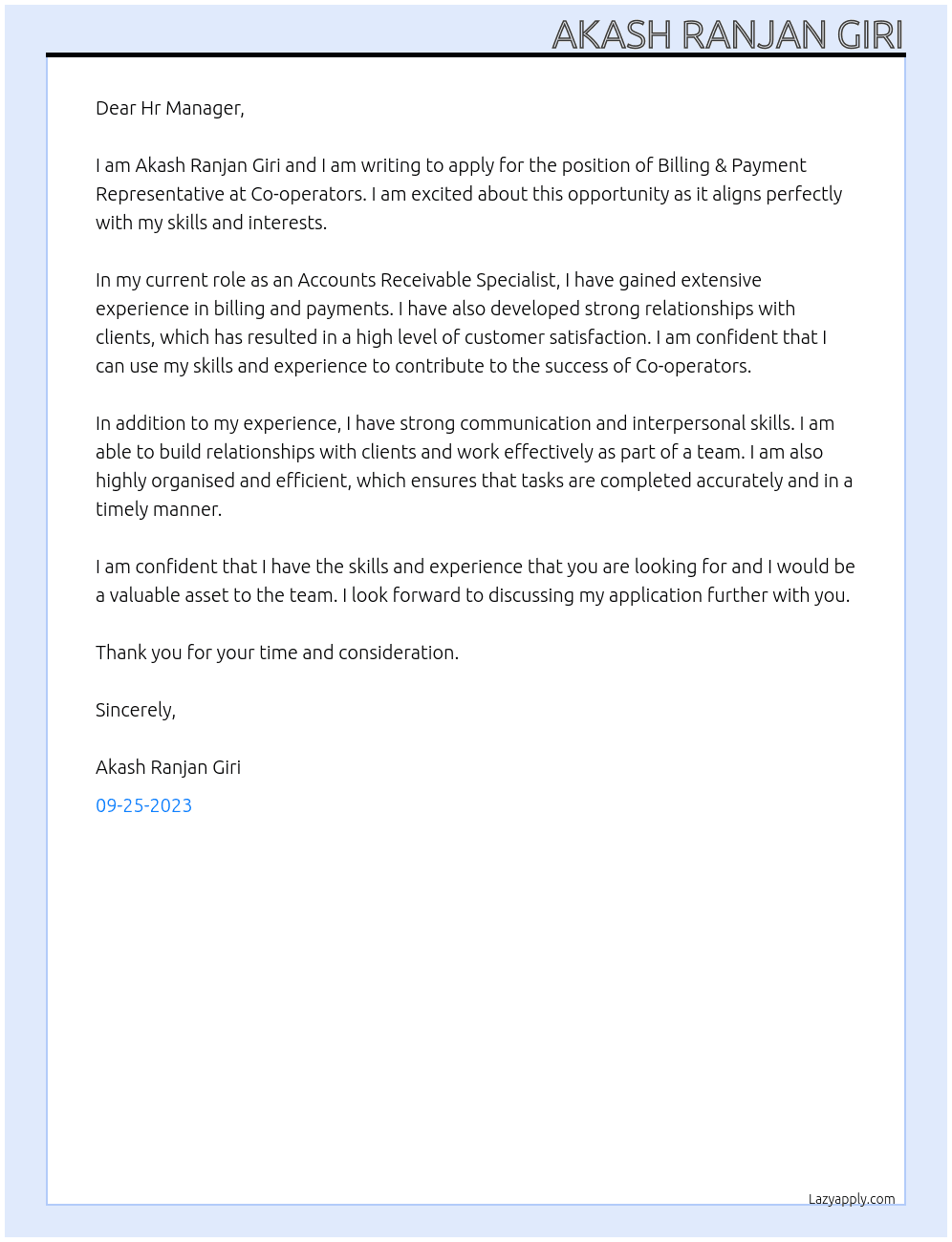 Billing & Payment Representative At Co-operators Cover Letter