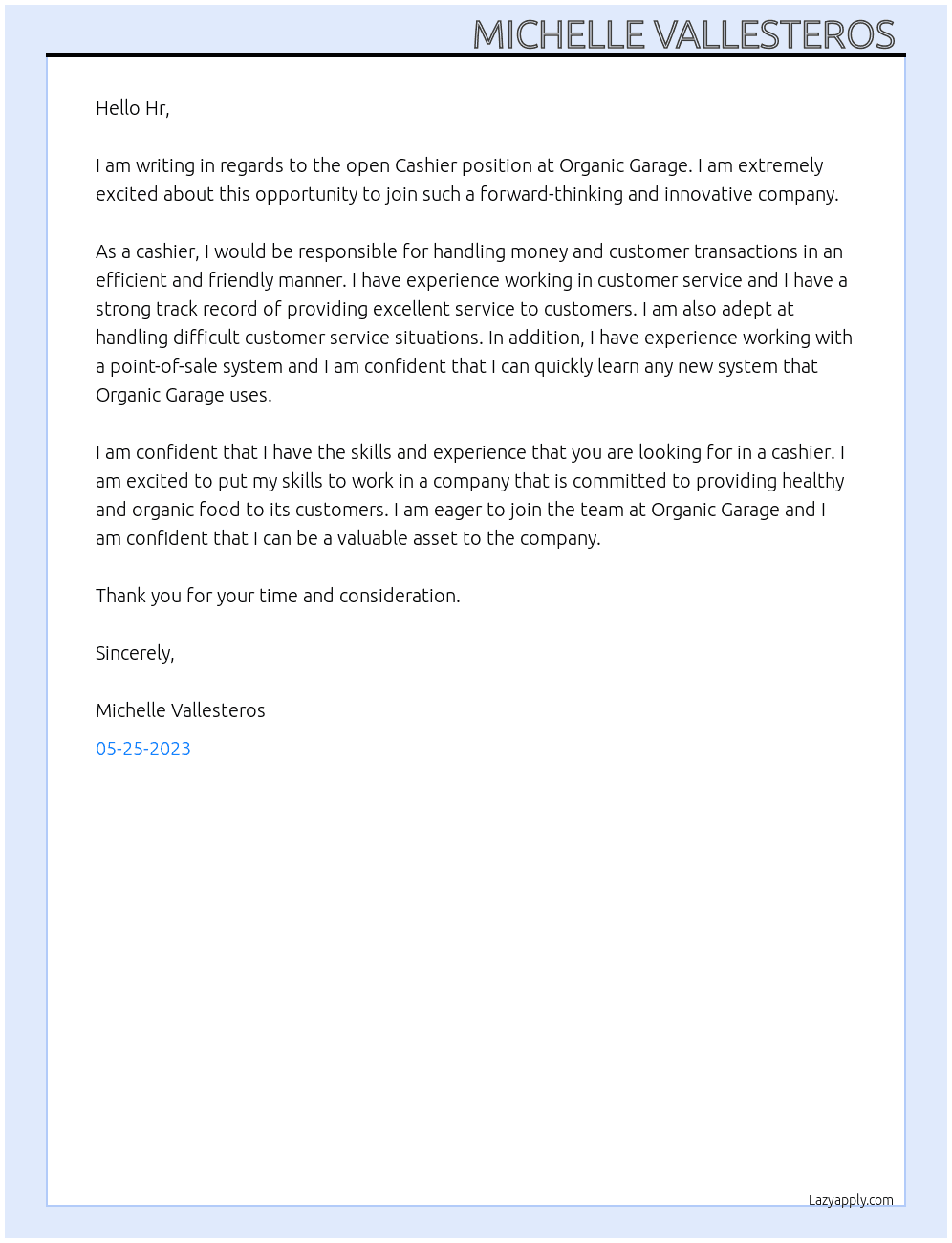 Cashier At Organic Garage Cover Letter
