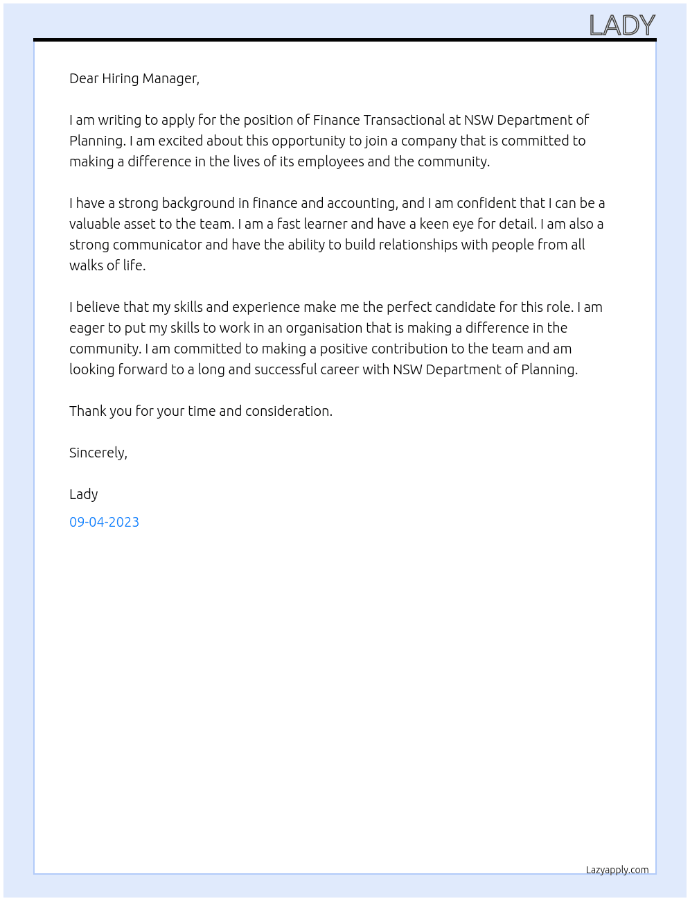 Finance Transactional At NSW Department of Planning Cover Letter