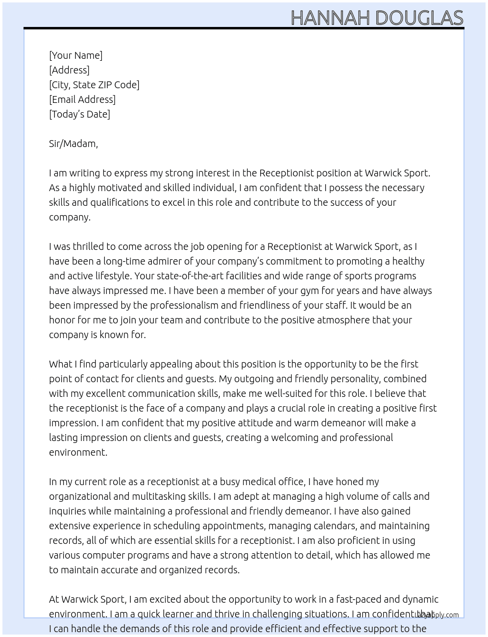 Receptionist At Warwick Sport Cover Letter