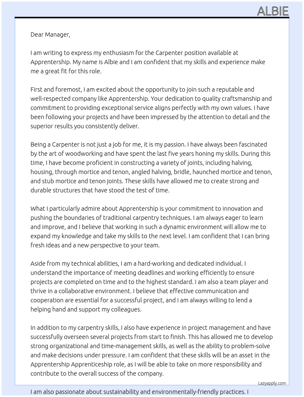 Carpenter  At Apprentership Cover Letter