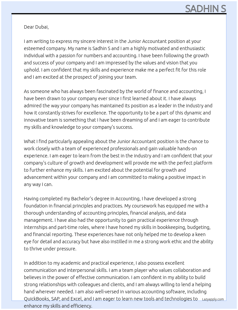 junior accountant At Dubai Cover Letter