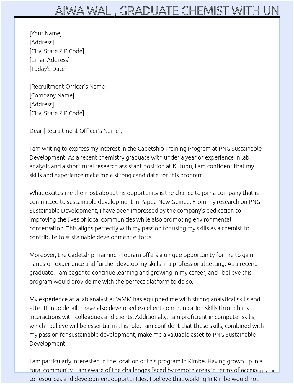 Cadetship TRANING program  At PNG Sustainable Development Cover Letter