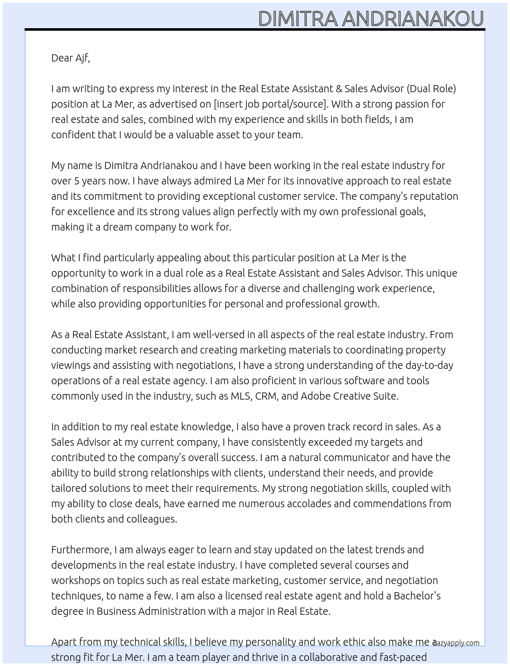 Real Estate Assistant & Sales Advisor (Dual Role) At La Mer Cover Letter