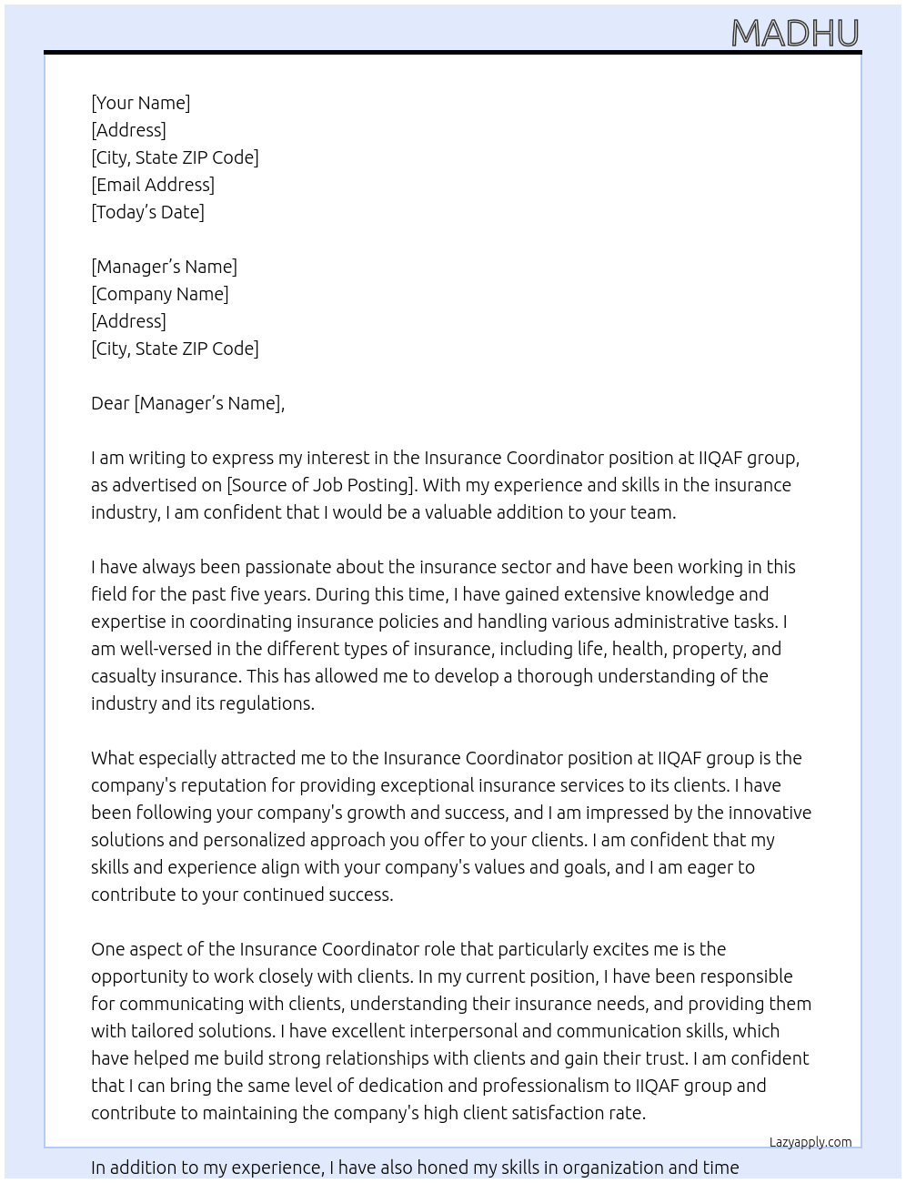 Insurance coordinator At IIQAF group Cover Letter