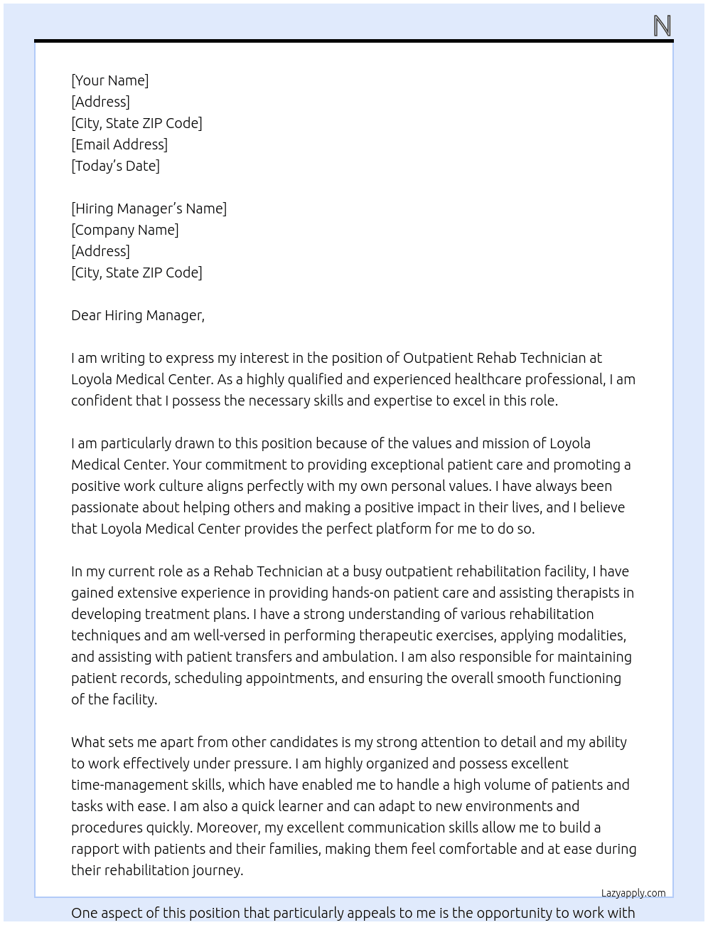 Outpatient rehab technician At Loyola Medical Center Cover Letter