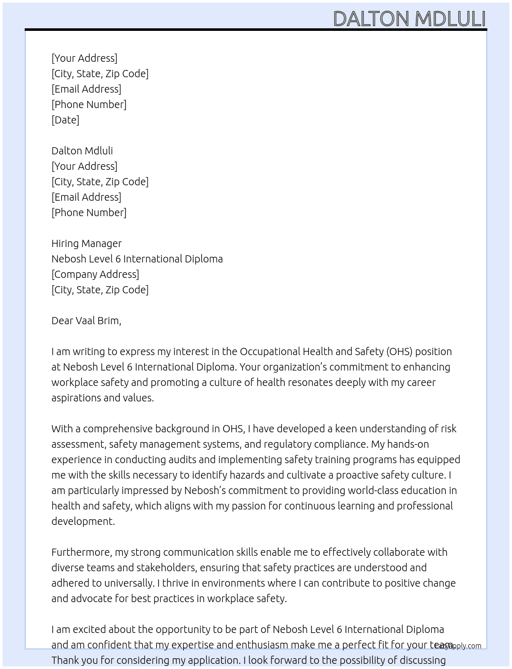 Cover letter for ohs - LazyApply