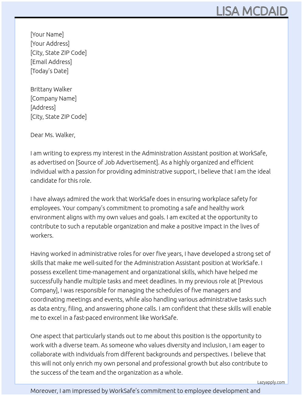 Administration Assistant At WorkSafe Cover Letter