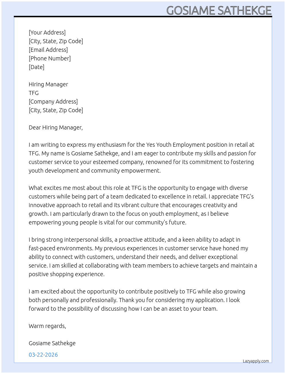 Yes youth employment (retail) At Tfg Cover Letter