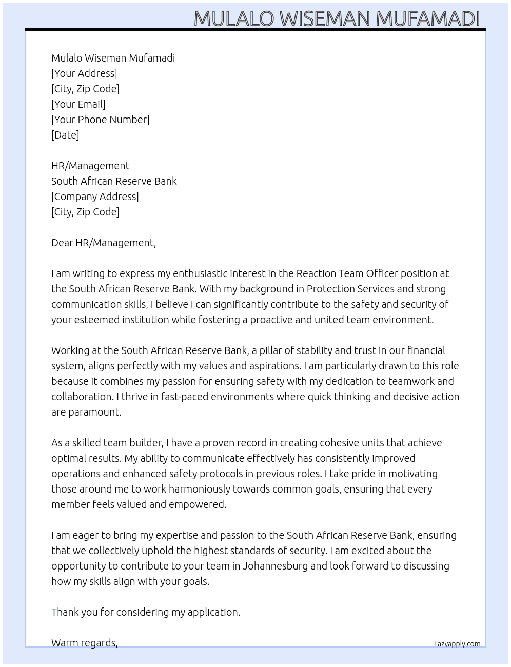 Cover letter for reaction team officer - LazyApply