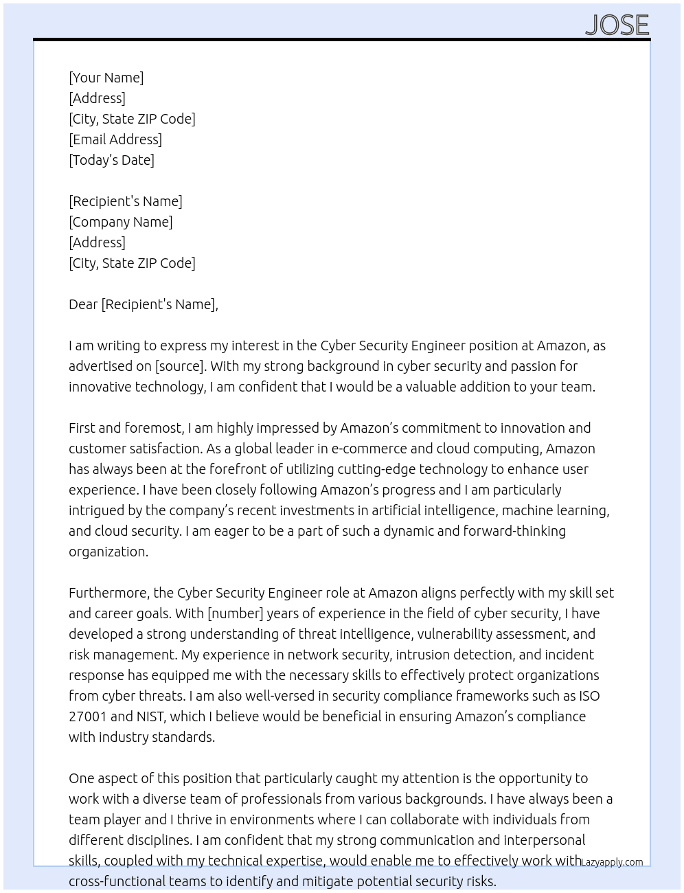 Cyber Security Engineer At Amazon Cover Letter
