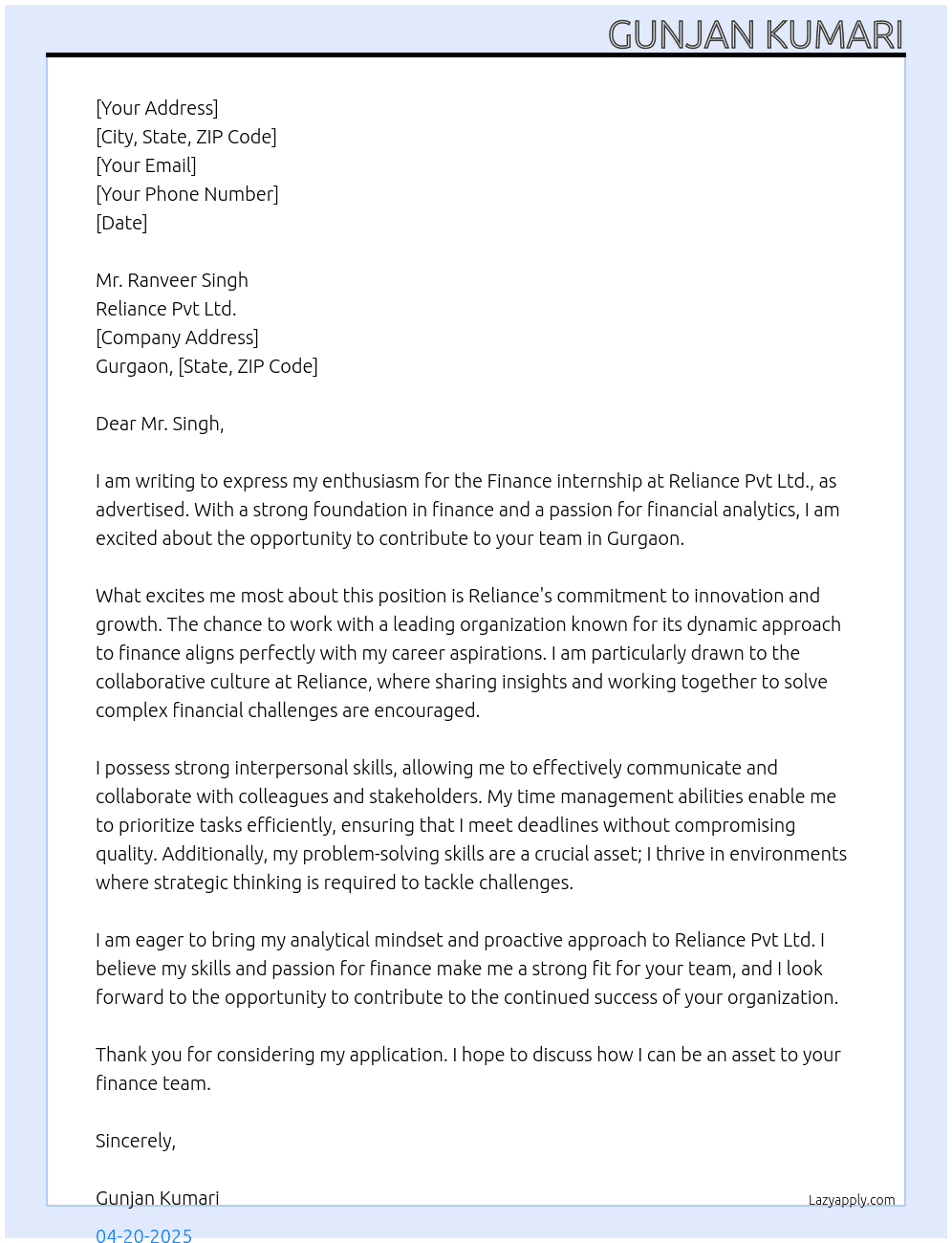 Finance  At Reliance Pvt Ltd. Cover Letter