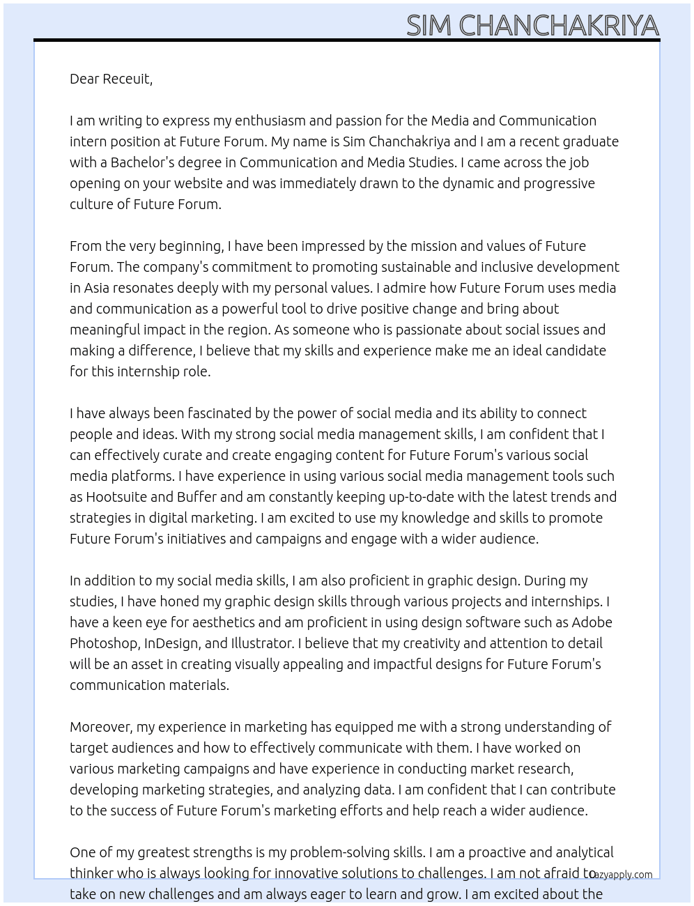 Media and Communication intern At Future Forum Cover Letter