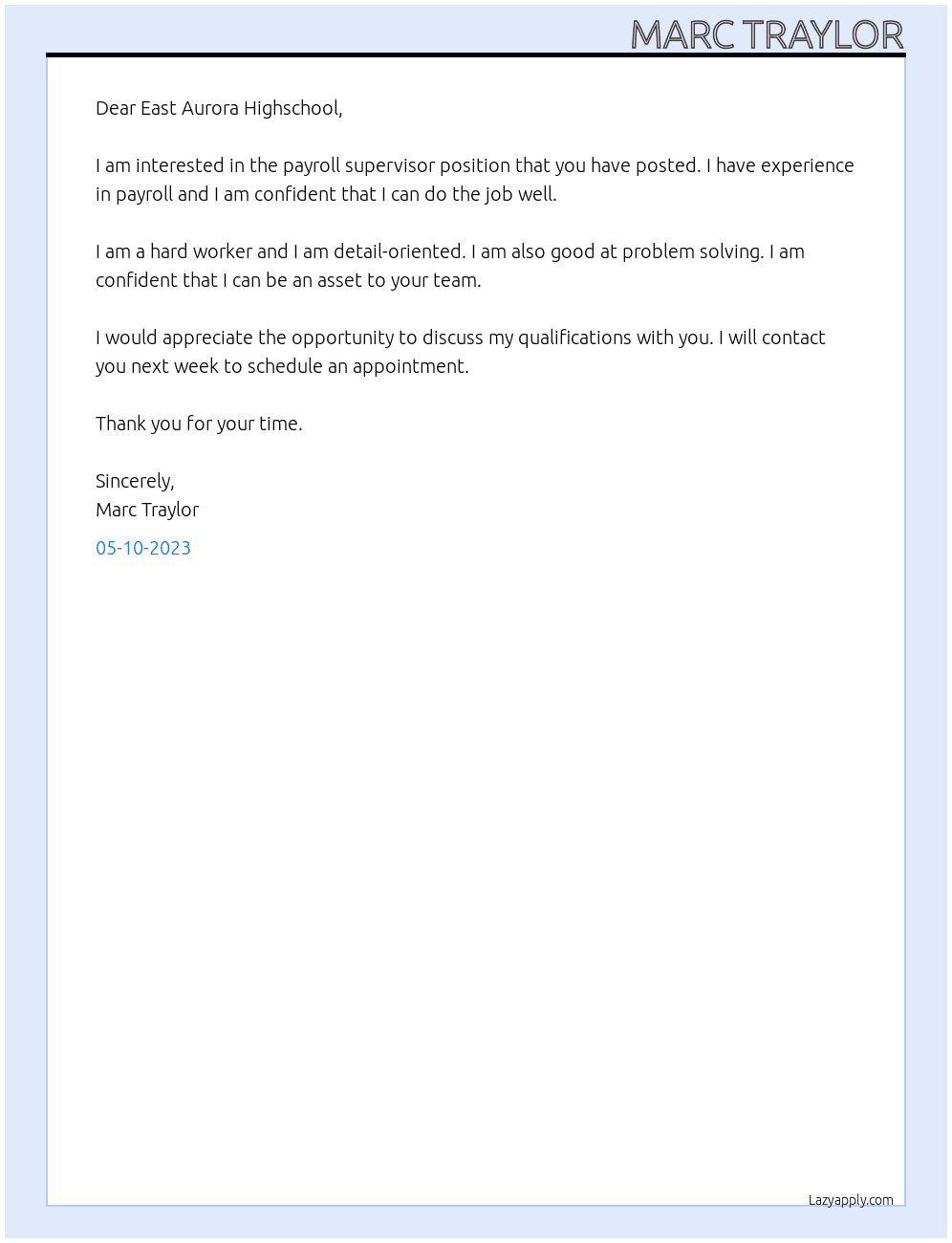 Payroll supervisor At East aurora Highschool Cover Letter