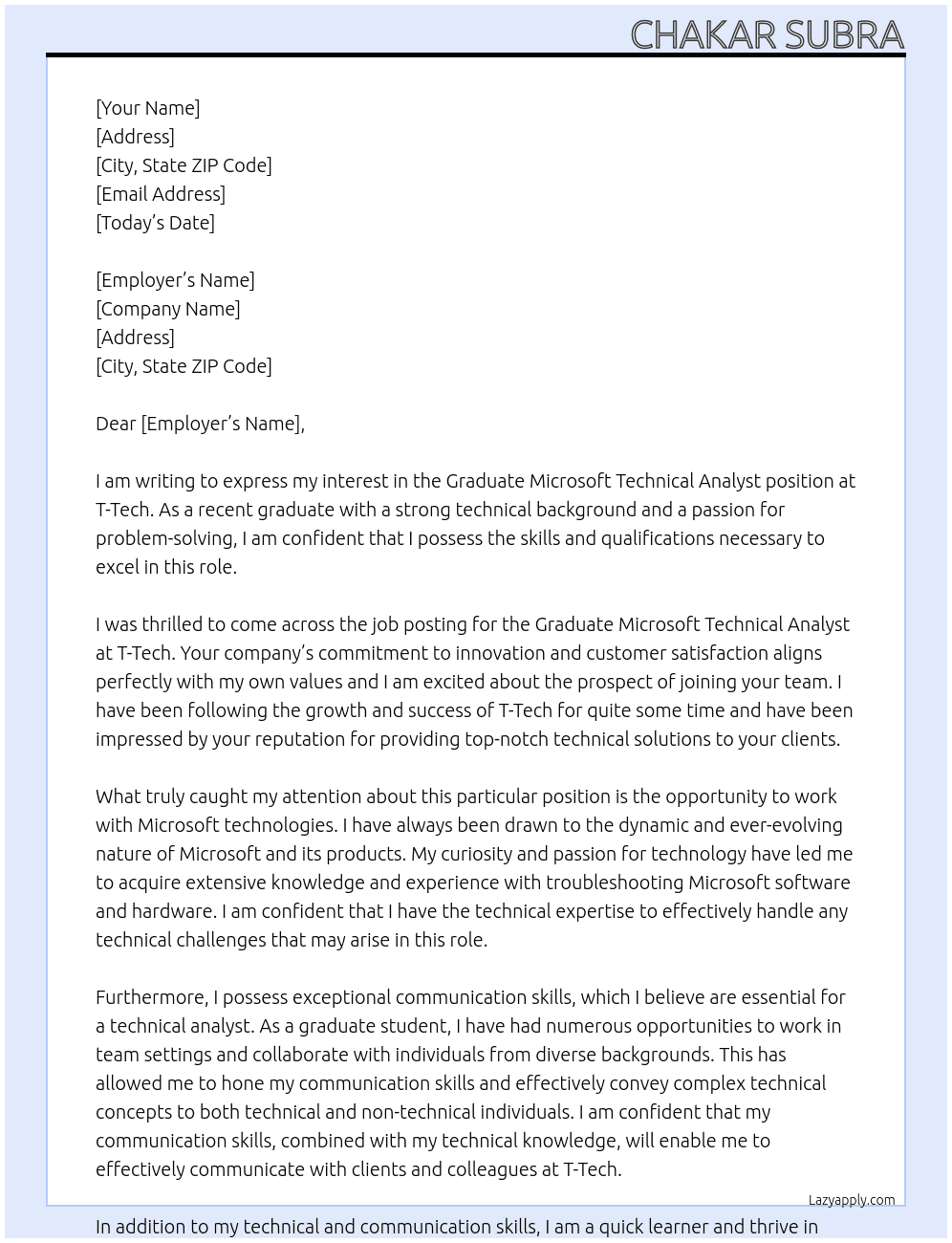 Graduate Microsoft Technical Analyst At T-Tech Cover Letter