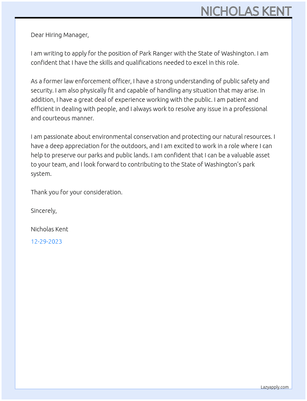 Park Ranger At State of Washington Cover Letter