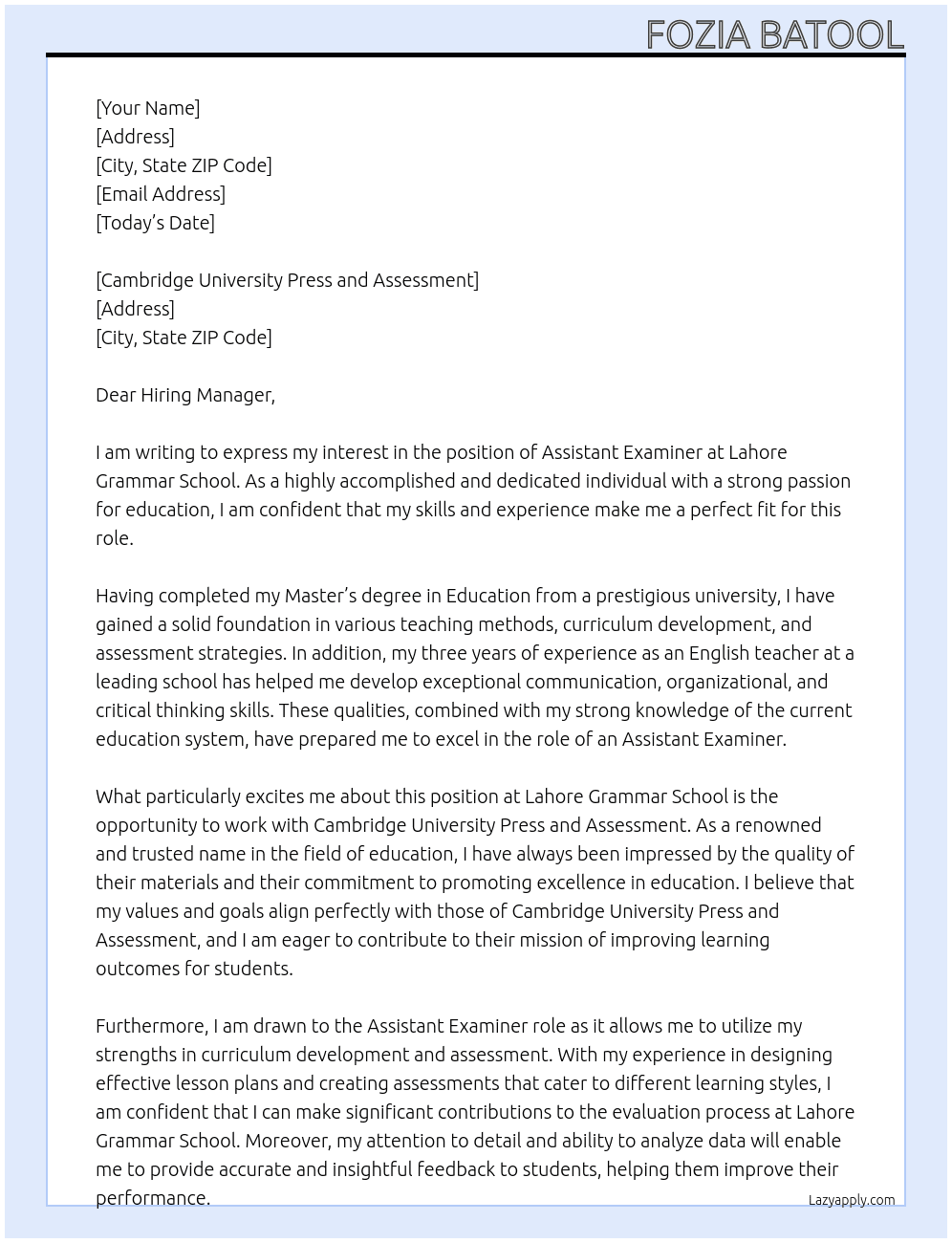 Assistant Examiner At LAHORE GRAMMAR SCHOOL Cover Letter